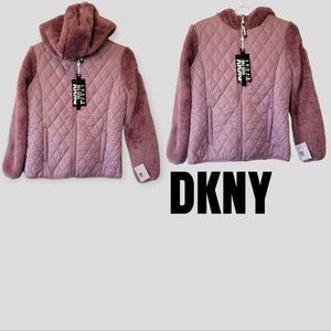New with tag DKNY Sport Kids Girl's Hooded Faux Fur Coat Jacket 14/16